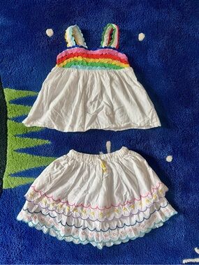 Mini Boden White Girls 2-Piece Set, Rainbow Scallop Embroidery Trim, Size 4-5